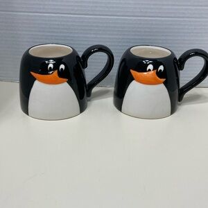 Penguin Duck Oversized Character Shaped Mugs Cups Lot of 2 Black White Orange